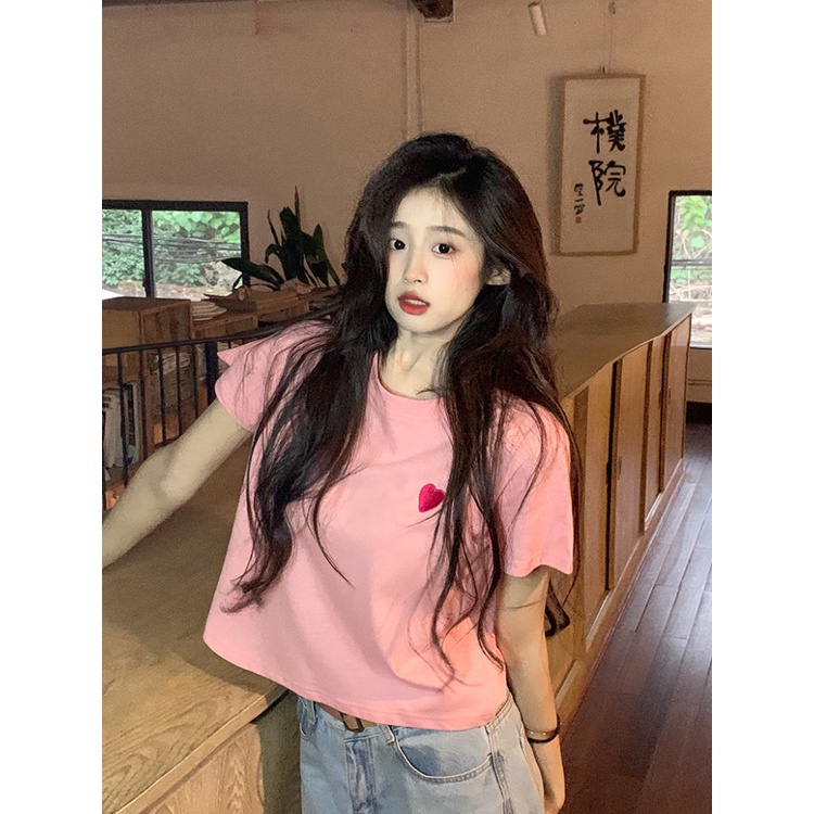 ☼℗﹍Suhao kaos import wanita kaos wanita gaya korea lengan pendek kaos pendek perempuan pink love embroidery pure cotton short-sleeved t-shirt women s summer small loose short section student age-reducing t-shirt top
