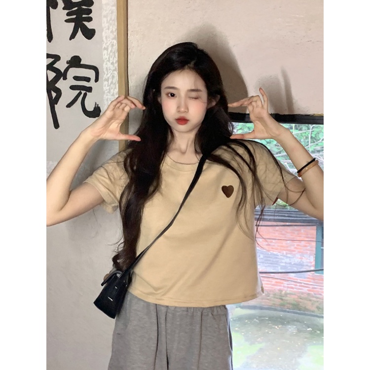 ☼℗﹍Suhao kaos import wanita kaos wanita gaya korea lengan pendek kaos pendek perempuan pink love embroidery pure cotton short-sleeved t-shirt women s summer small loose short section student age-reducing t-shirt top