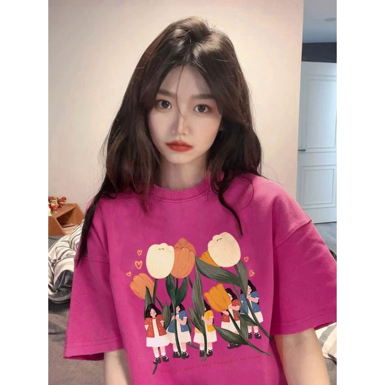 ▧☊∈Suhao kaos import wanita kaos wanita korean style lengan pendek kaos pendek perempuan dragon fruit pink front shoulder short-sleeved t-shirt female small summer 2023 new tulip half-sleeved dopamine top