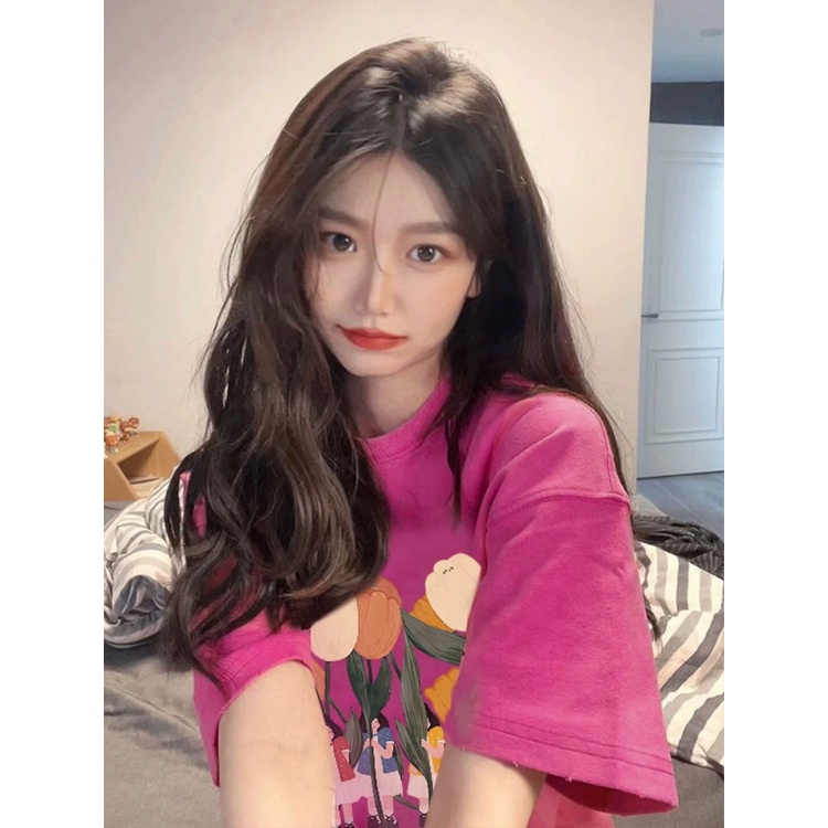 ▧☊∈Suhao kaos import wanita kaos wanita korean style lengan pendek kaos pendek perempuan dragon fruit pink front shoulder short-sleeved t-shirt female small summer 2023 new tulip half-sleeved dopamine top