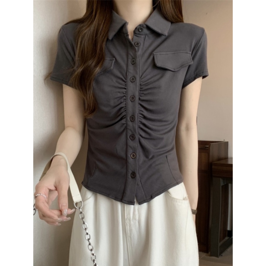 ☢№✿Suhao kaos import wanita kaos wanita gaya korea lengan pendek kaos pendek perempuan pure desire grey polo collar front shoulder short-sleeve t-shirt women s summer design sense niche sweet and spicy style slim short top