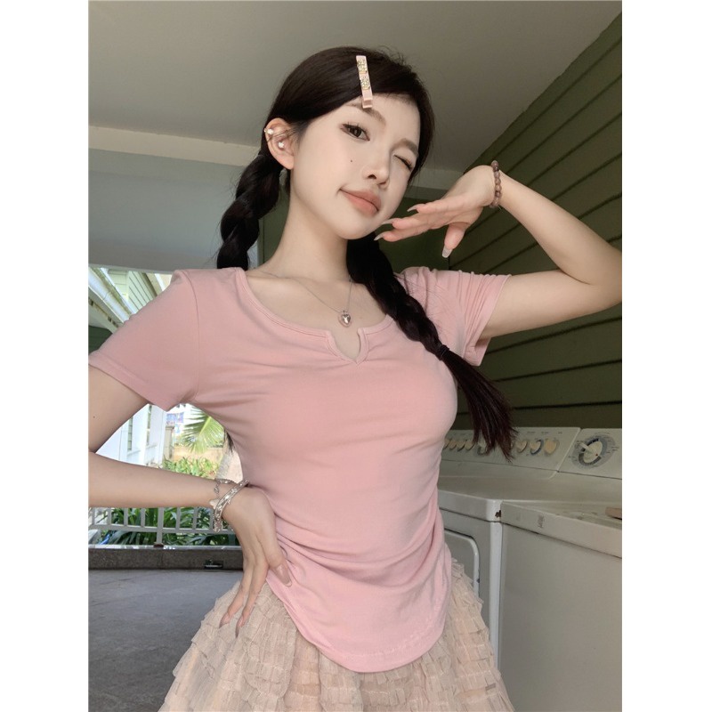 ✴❇Suhao kaos import wanita kaos wanita korean style lengan pendek kaos pendek perempuan pink regular v-neck front shoulder short-sleeve t-shirt women s summer hot girl slim fit and slim design short top