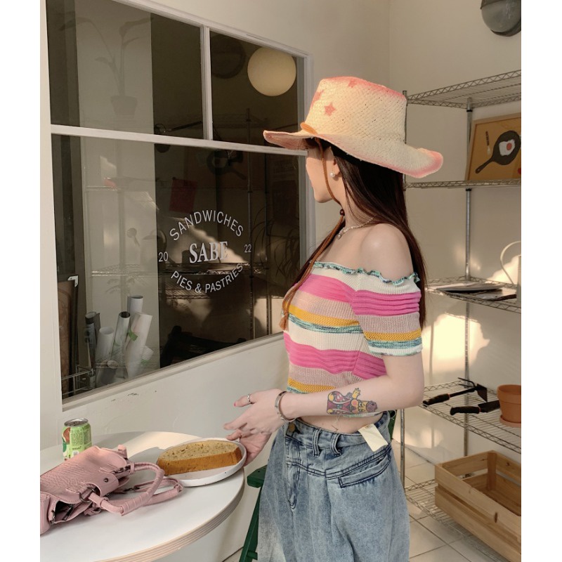 ►✹◘Suhao kaos import wanita kaos wanita korean style lengan pendek kaos pendek perempuan dopamine wear sweet style T-shirt new rainbow striped knitted short-sleeve women s sweet and spicy one-shoulder top short section