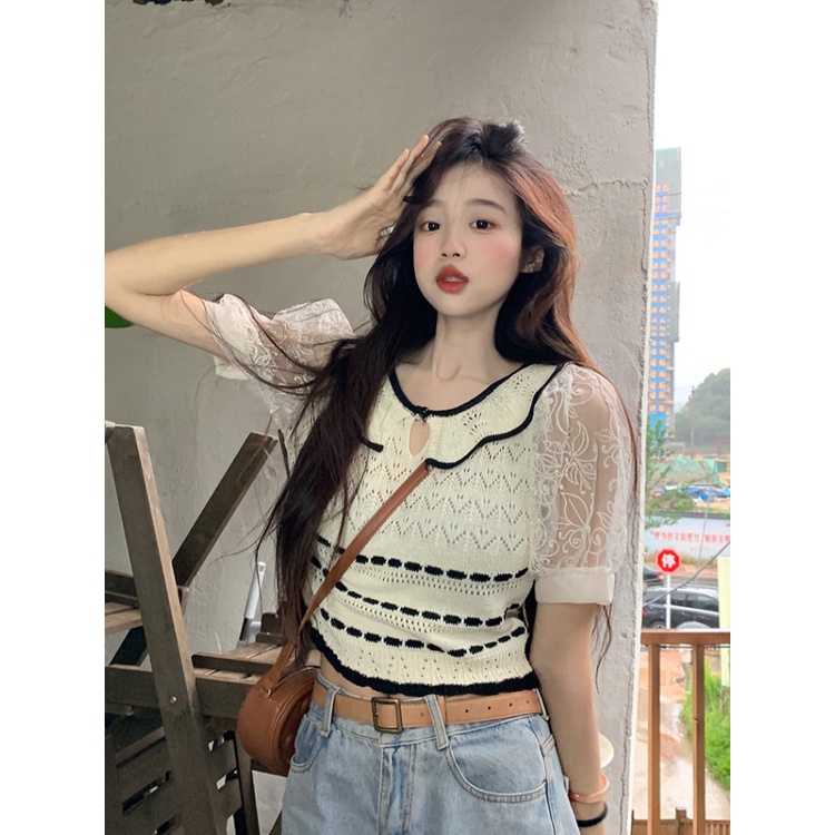 □Suhao kaos import wanita kaos wanita gaya korea lengan pendek kaos pendek perempuan gaya Perancis kecil wangi rajutan lengan pendek t-shirt wanita desain musim panas akal ceruk chic bahu depan puff lengan pendek