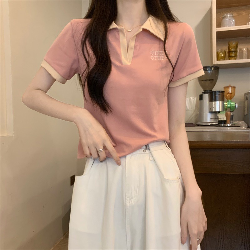 ▨❏Suhao kaos import wanita kaos wanita gaya korea lengan pendek kaos pendek perempuan korea retro bahu depan POLO kemeja desain rasa pencocokan warna V-neck lengan pendek T-shirt wanita kuliah gaya huruf mengurangi usia kecil top