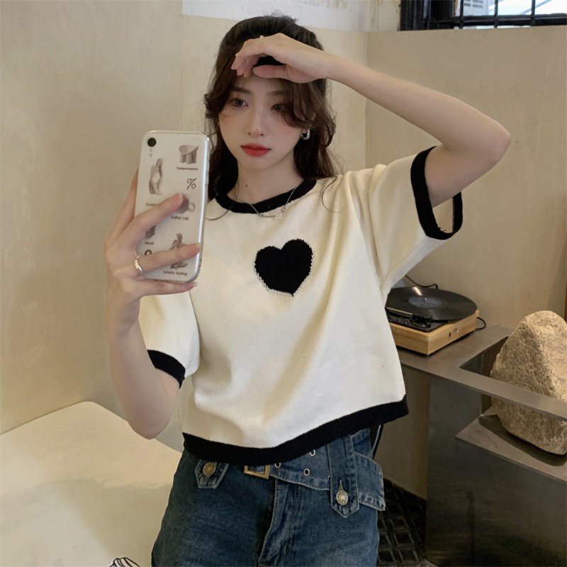 ✤﹉๑Suhao kaos import wanita kaos wanita gaya korea lengan pendek kaos pendek perempuan design sense niche love jacquard knitted short-sleeved t-shirt women summer loose chic French chic short top