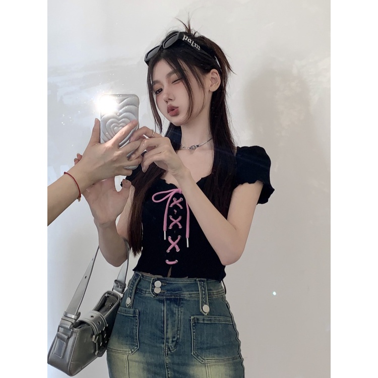 ☑✲▫Suhao kaos import wanita kaos wanita gaya korea lengan pendek kaos pendek perempuan Chic short sweet and spicy top design sense niche female summer drawstring strap hot girl style front shoulder short-sleeved T-shirt