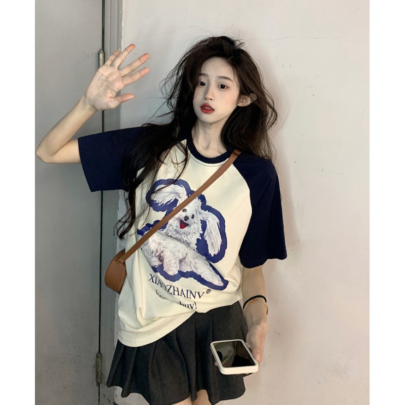 ✖Suhao kaos import wanita kaos wanita gaya korea lengan pendek kaos pendek perempuan American retro color contrast raglan shoulder short-sleeve t-shirt women s summer design sense cartoon print all-match loose half-sleeve top