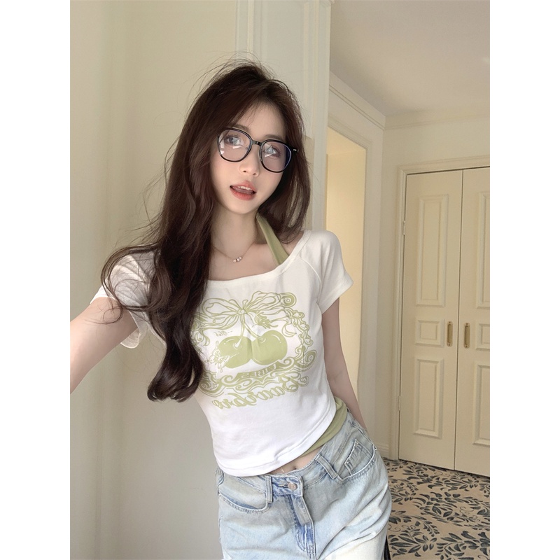 ✸♝Suhao kaos import wanita kaos wanita korean style lengan pendek kaos pendek perempuan American retro printed fake two-piece white short-sleeved t-shirt women s summer short navel halter pure desire babes top