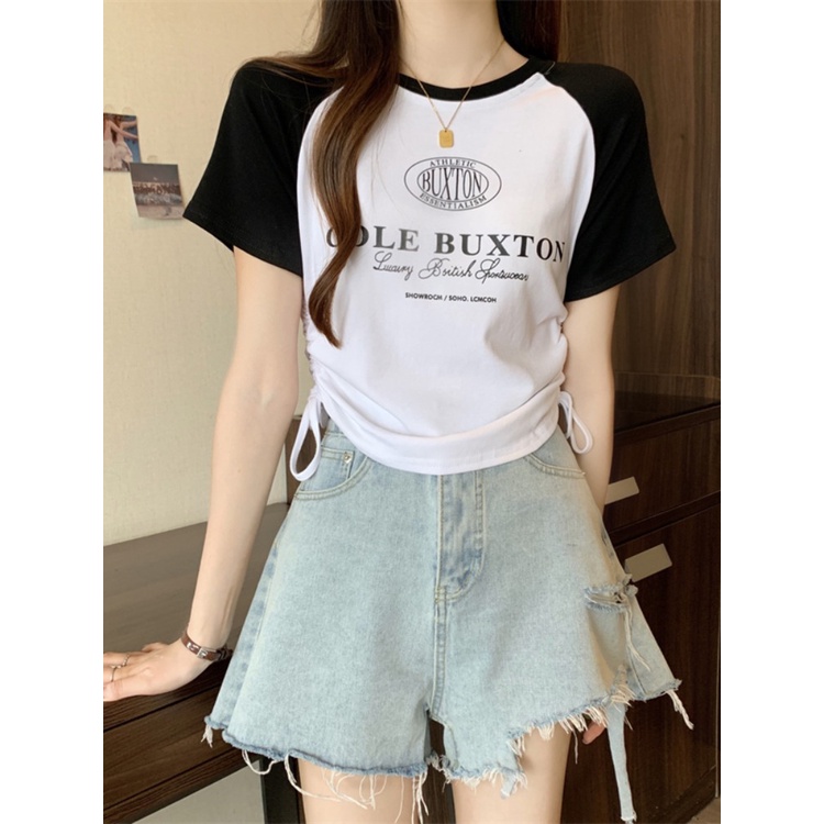 ❈¤Suhao kaos import wanita kaos wanita gaya korea lengan pendek kaos pendek perempuan American style retro contrast color raglan shoulder short-sleeve t-shirt women s summer drawstring design slim fit and thin short hot girl top