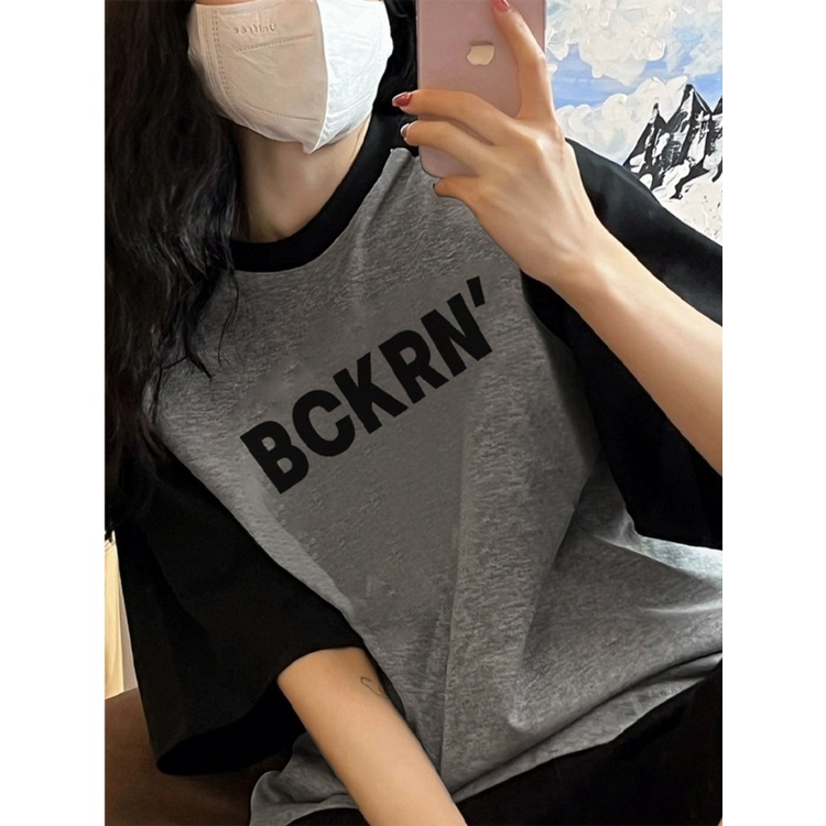 ❦♗♠Suhao kaos import wanita kaos wanita gaya korea lengan pendek kaos pendek perempuan chic gaya Hong Kong retro abu-abu hitam lengan pendek t-shirt wanita musim panas kebesaran katun longgar lengan raglan pakaian pasangan