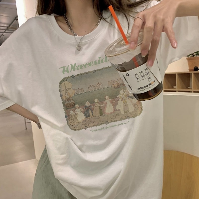 ☇☏▥Suhao kaos import wanita kaos wanita gaya korea lengan pendek kaos pendek perempuan American retro vintage katun lengan pendek t-shirt wanita musim panas pasangan kualitas tinggi longgar ceruk ukuran besar tren teratas