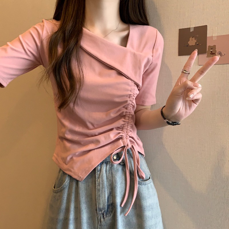 ►☂¤Suhao kaos import wanita kaos wanita gaya korea lengan pendek kaos pendek perempuan Irregular pink front shoulder short-sleeve t-shirt women s summer design sense niche pure cotton slim fit drawstring short top