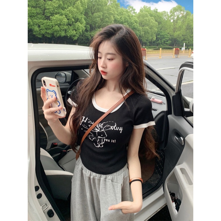 ✥Suhao kaos import wanita kaos wanita gaya korea lengan pendek kaos pendek perempuan Contrast color printing hot girl tight shoulder short sleeve knit t-shirt women s summer slim and thin short American bm top