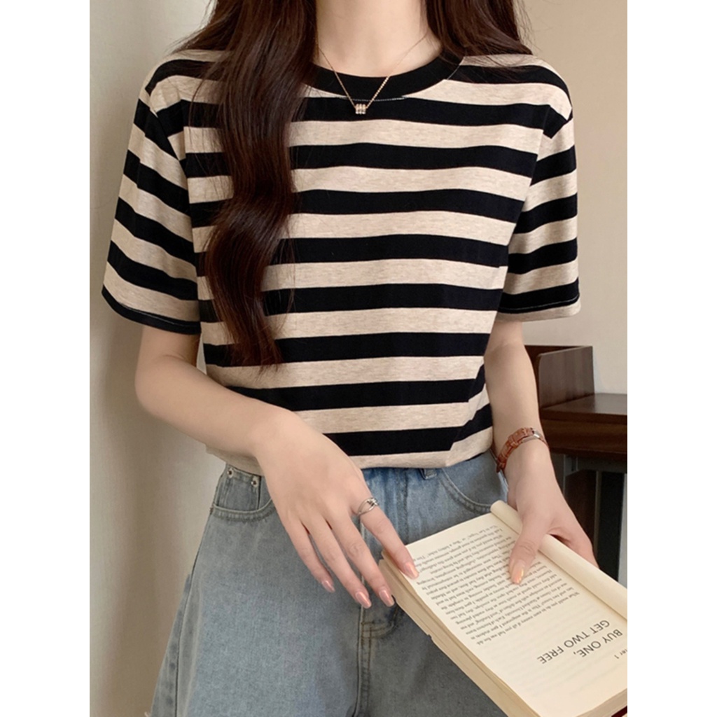 ❐۞Suhao kaos import wanita kaos wanita gaya korea lengan pendek kaos pendek perempuan pink striped front shoulder short-sleeve t-shirt women 2023 new summer loose American retro small man T-shirt top