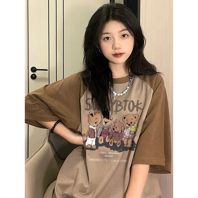 ♠Suhao kaos import wanita kaos wanita gaya korea lengan pendek kaos pendek perempuan niche American t-shirt raglan coffee color bear short sleeve splicing fake two-piece top women s summer Japanese retro lazy