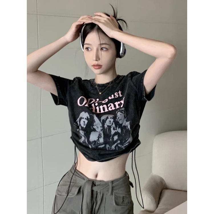 ✕Suhao kaos import wanita kaos wanita gaya korea lengan pendek kaos pendek perempuan American retro babes front shoulder short-sleeved T-shirt women s summer design sense niche washable old drawstring short top