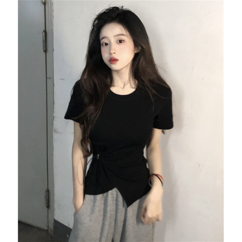 ♞✼Suhao kaos import wanita kaos wanita gaya korea lengan pendek kaos pendek perempuan white drawstring front shoulder short-sleeve t-shirt women summer slim slim sexy pure desire irregular short cotton top