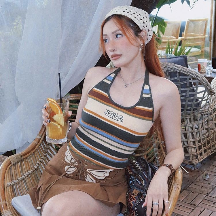 Red BeerBro American hot girl color striped hanging neck vest female summer vacation style chic sleeveless inner top