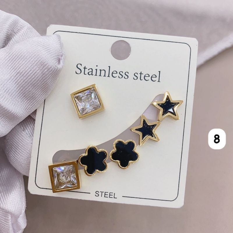 Anting Titanium asli 1 kap  isi 3set A08 Kilau mirip emas asli Premium Quality Anti karat anti alergi Stainless steel ori
