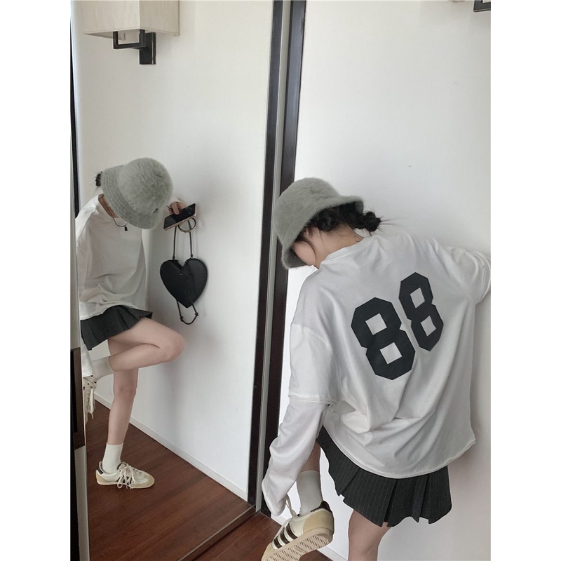 08#Tembakan Nyata Hemat Biaya Merasa Longgar Dua Buah Palsu Berjumbai Lengan PanjangTT-shirt