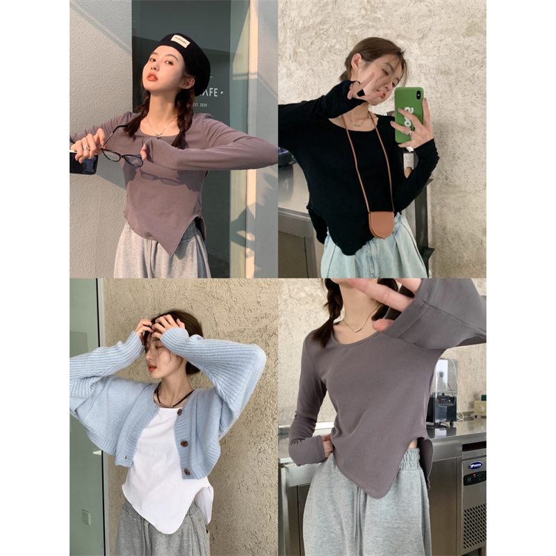 08#Tembakan Nyata Hemat Biaya Lengan Panjang Hem AsimetrisTT-shirt