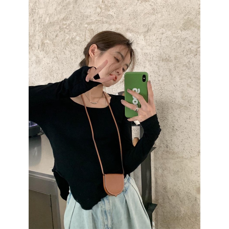 08#Tembakan Nyata Hemat Biaya Lengan Panjang Hem AsimetrisTT-shirt