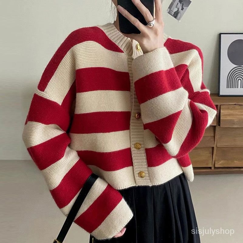 [✅BISA COD] #Sisjuly# Sweater wanita / sweter logam leher bulat vintage berdada tunggal / kardigan j