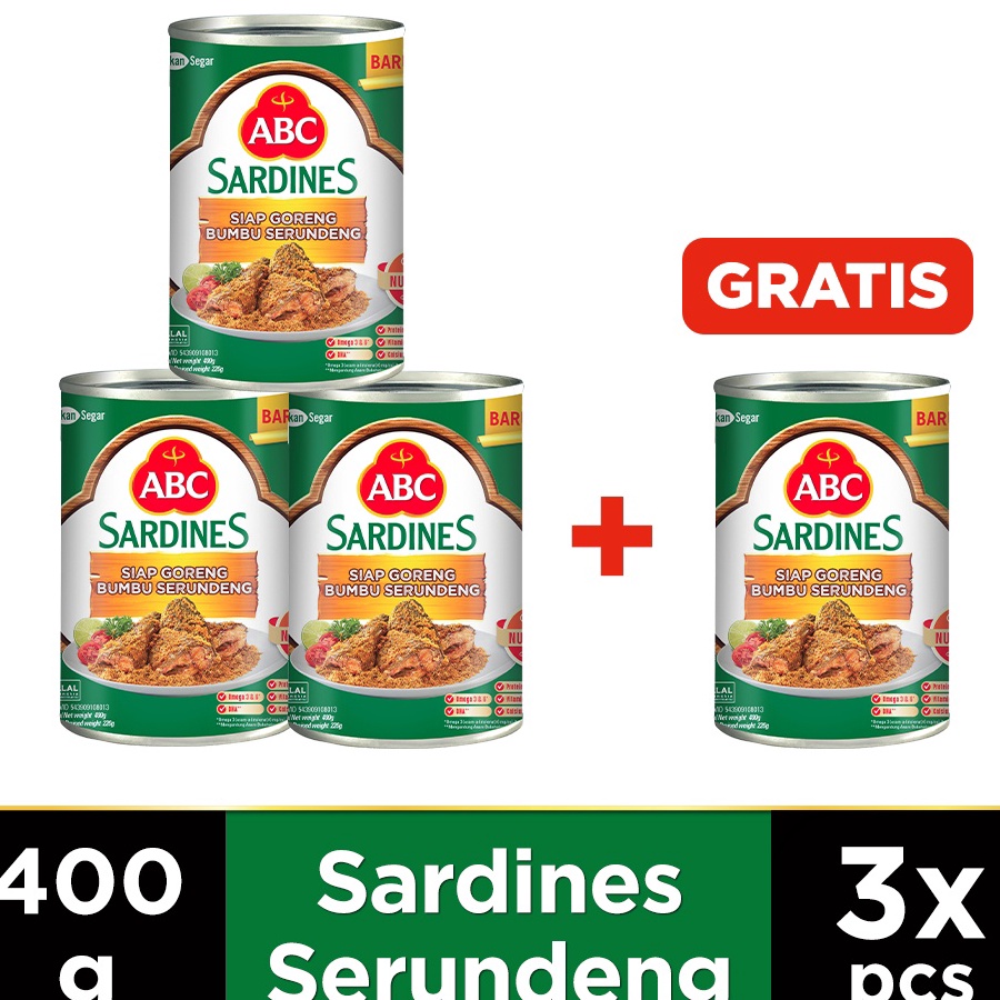 

Discount ✅ ABC Sarden Siap Goreng Bumbu Serundeng 400 g - Buy 3 Get 1 Free