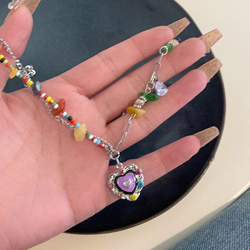 【Bayar di tempat】Fashion Manik-Manik Warna-Warni Rantai Perak Kalung Untuk Wanita Elegan Hati Liontin Kalung Perhiasan Aksesoris