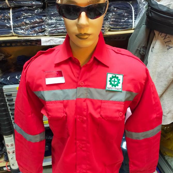 baju seragam kerja safety merah / baju atasan kerja safety+ logo k3