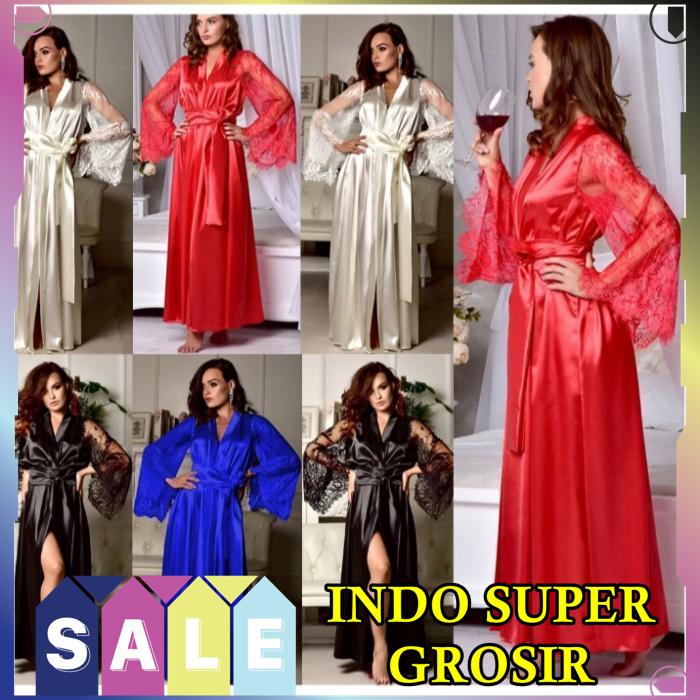 KIMONO BAJU TIDUR SATIN SILK RENDA TRANSPARANT WANITA JUBAH PANJANG BAHAN BERKUALITAS 