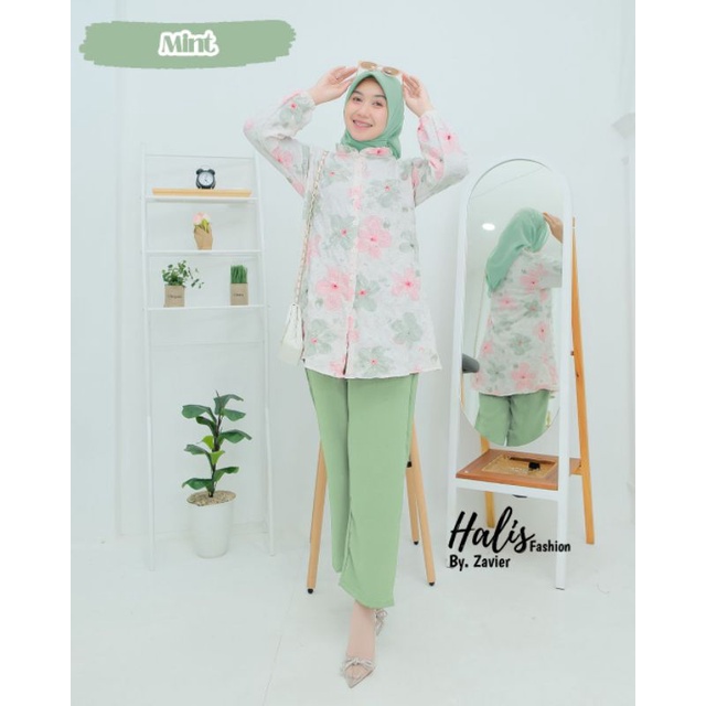 Halis Fashion Ori//Set Celana Crinkle Bunga by Halis // One Set Crinkel Set Hijab Voal