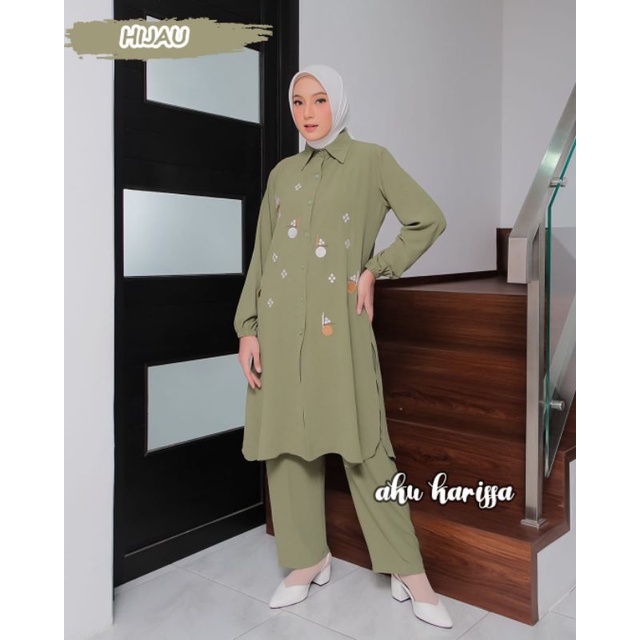 setelan celana tunik ayula aku karissa one set setcel Be happy oneset terbaru modis lucu murah muslim wanita kerja hangout ootd fashion