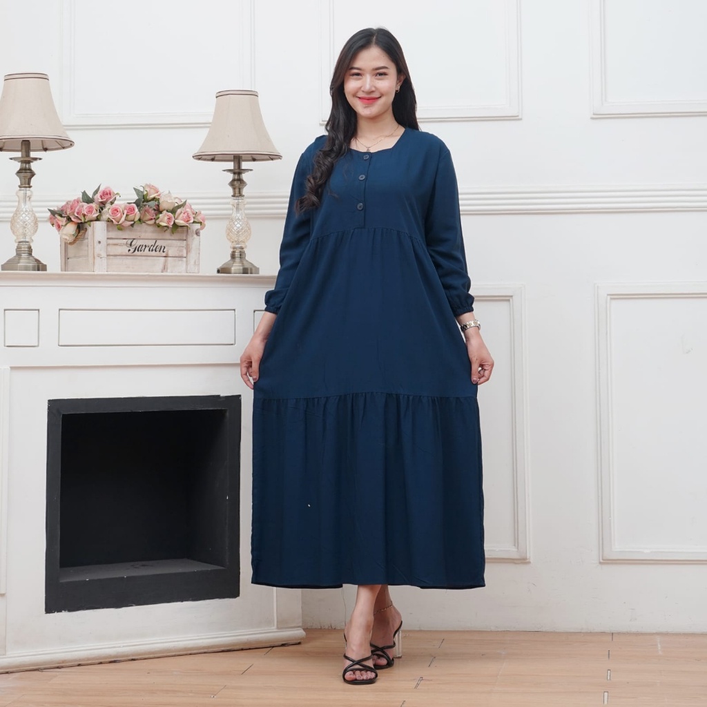 MIDI DRESS WANITA BAHAN RAYON BUSUI FRIENDLY | GAMIS MIDI KANCING DEPAN LENGAN 7/8