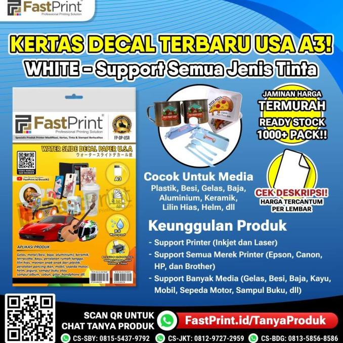 

Fast Print Kertas Water Slide Decal Paper White USA Ukuran A3 170 Gram ffs01