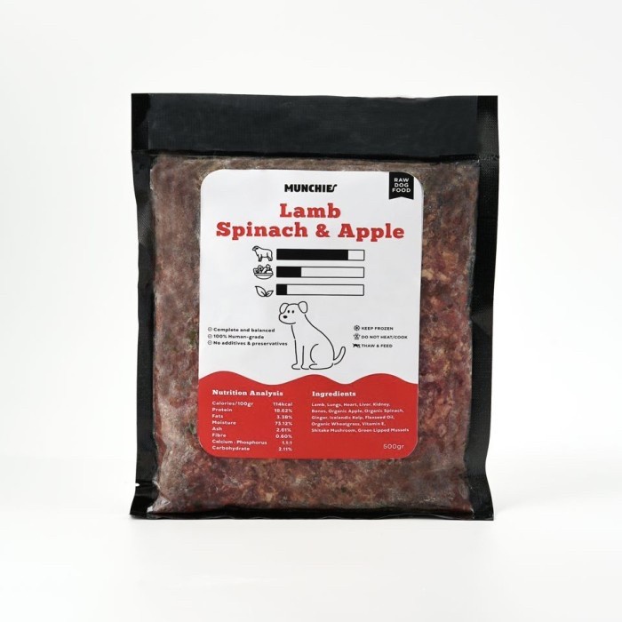 

Munchie Raw Dog Food - Makanan Anjing - Lamb, Spinach & Apple 500Gr