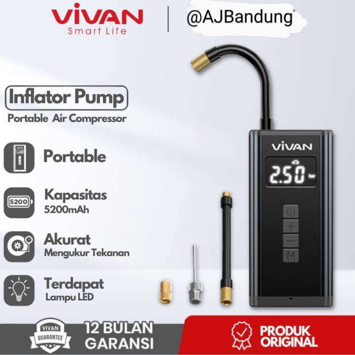Terlaris Vivan Vti01 Pompa Ban Mobil Motor Seped Portable Inflator Tire 5200Mah