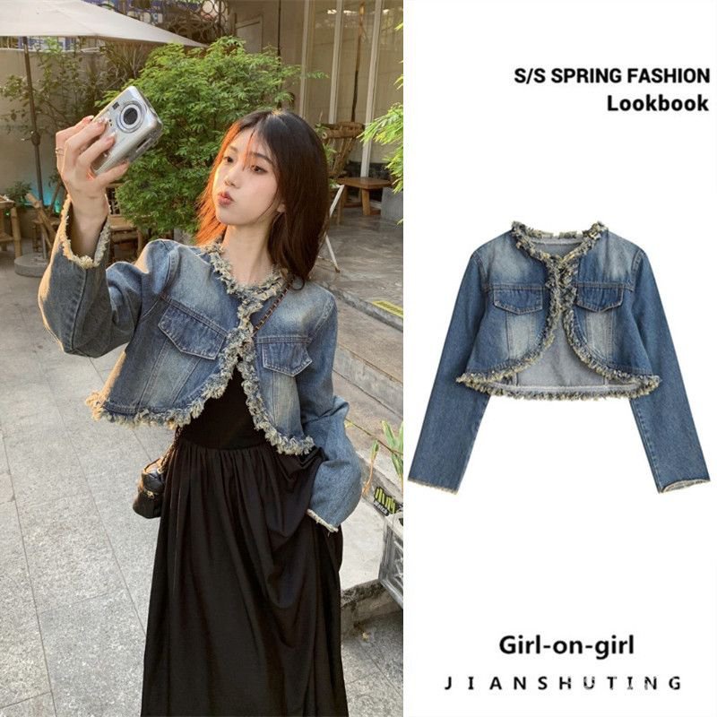 [✅BISA COD] #Sisjuly# Jaket denim wanita / jaket denim pinggiran pendek berpotongan bulu wanita + se