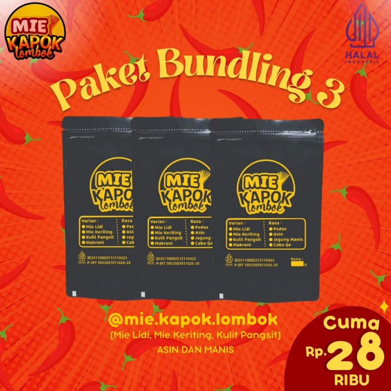 

PAKET BUNDLING 3 (Mie Lidi, Mie Keriting, Kulit Pangsit) Asin dan Manis.