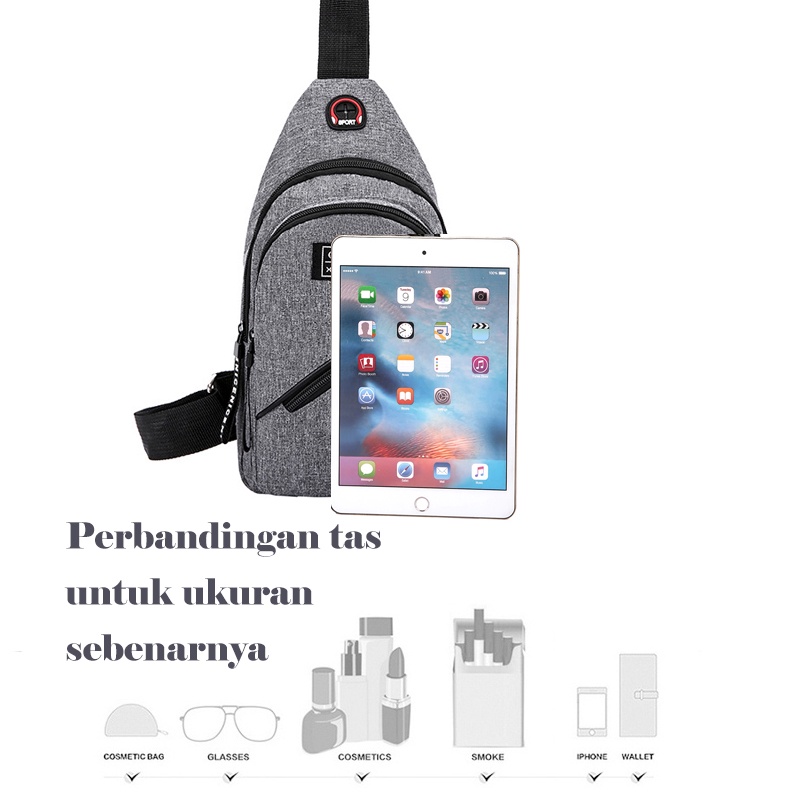 Holiven Sling Bag Pria ala korea dengan lubang USB untuk isi daya HP Tas Selempang Pria