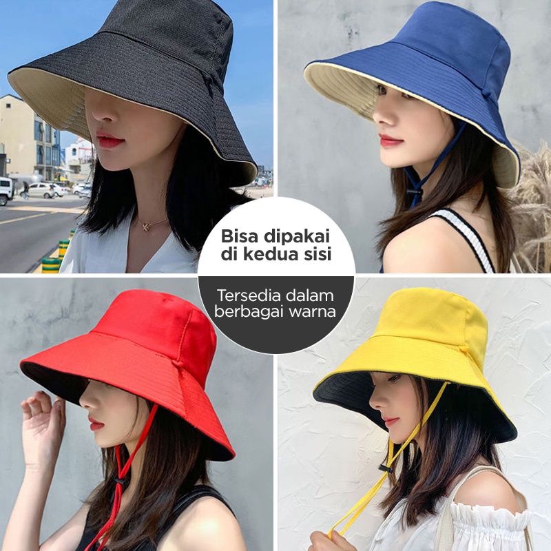 Holiven Topi Bucket Dua Sisi Anti UV Dengan Tali Anti Angin