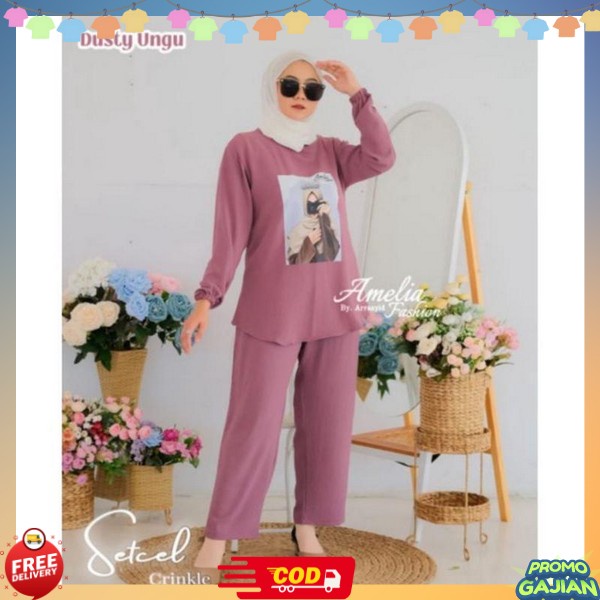 Games Ibu Elegan Mewah Jumbo 2In1 Midi Dres Setcell Kondangan Kaos Adem Tunik Busui Modern / Setelan