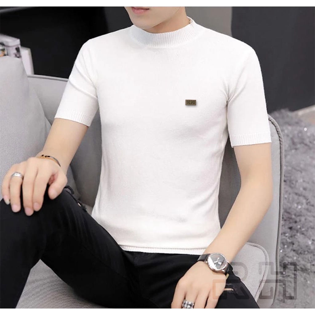 RH - Baju Rajut Turtleneck kerah tinggi lengan pendek slim fit kaos rajutan santai