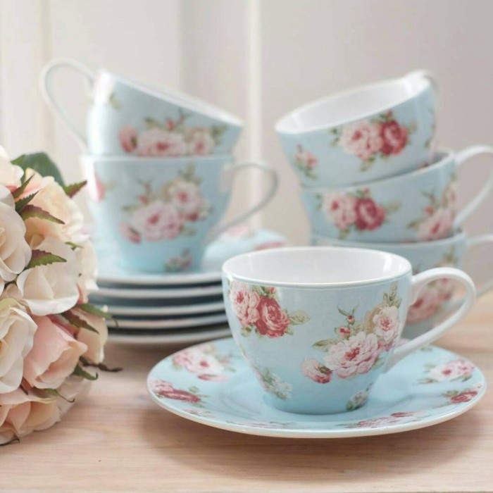Octanita_Id- Sango Set Cangkir Teh/Kopi Modern Rose Blue (Isi 12)