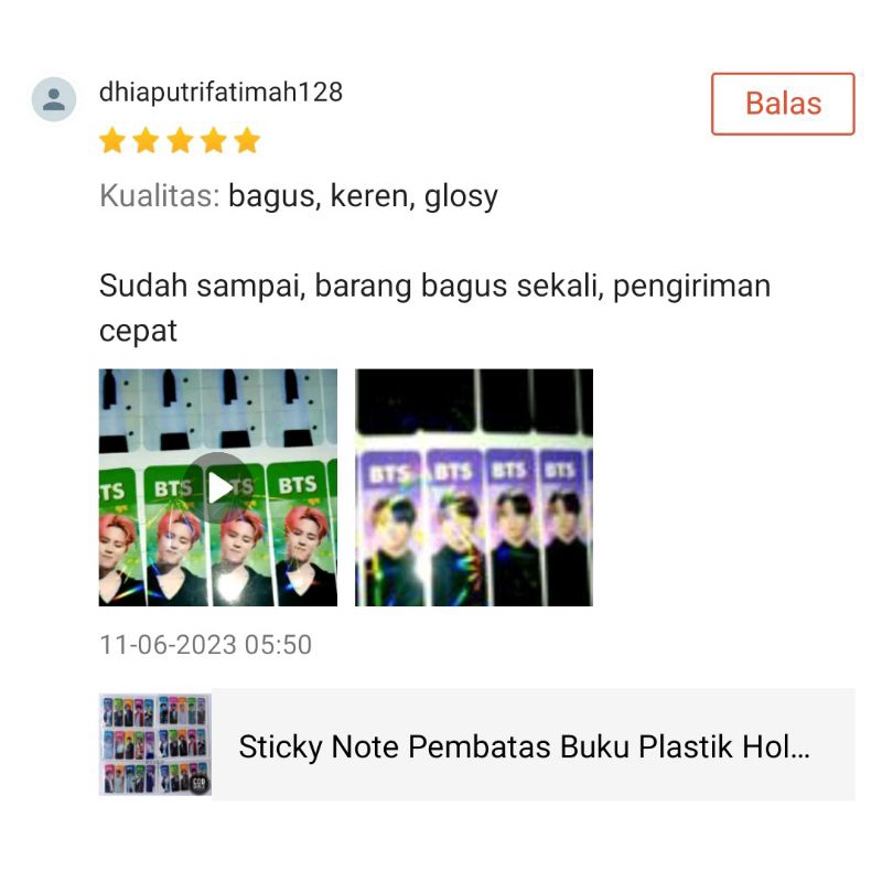 Sticky Note Pembatas Buku Plastik Hologram Krakter BTS Murah isi 100 pc