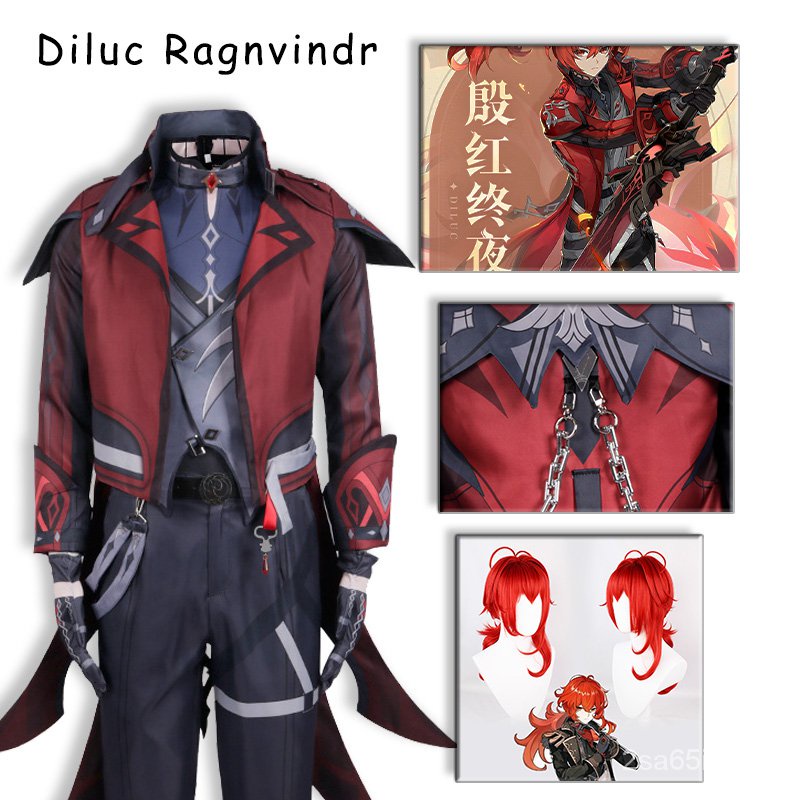 Genshin Impact Diluc Ragnvindr Cosplay Carnival New Skin Red Uniform Wig Sets Unisex Halloween Party