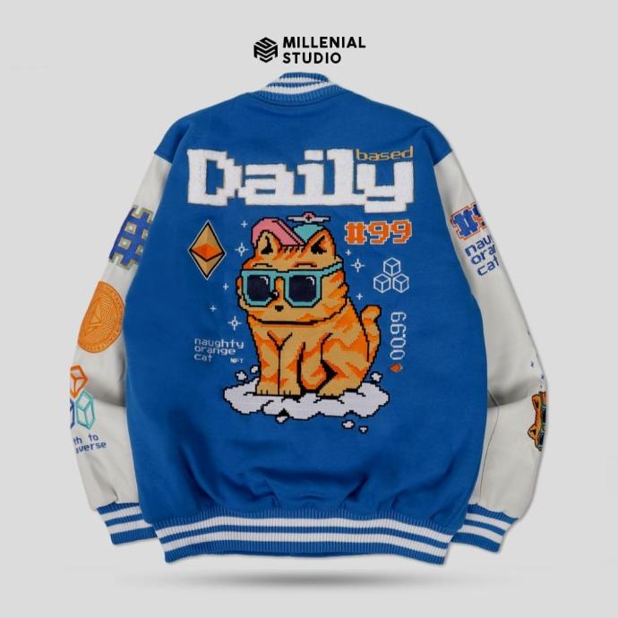 VARSITY JACKET NFT CAT BLUE JAKET BASEBALL BORDIR ORIGINAL PRIA WANITA