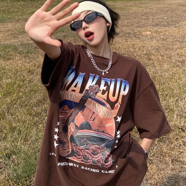 Red 100% Katun American Retro Dicetak Lengan Pendek T-shirt untuk Pria dan Wanita 2022 Musim Panas Baru Longgar Hip-Hop Street atasan