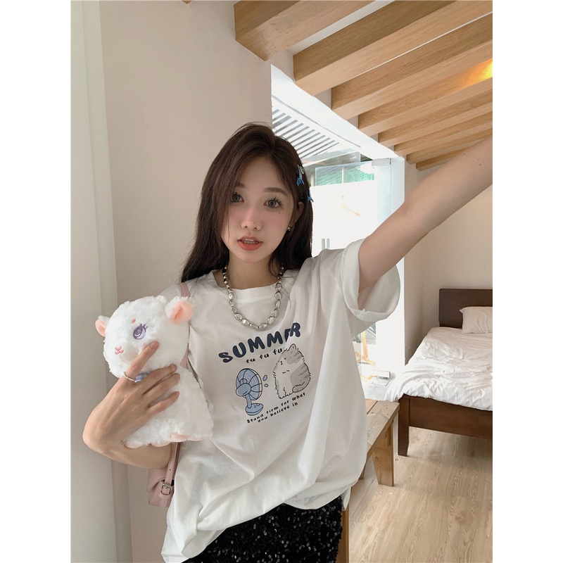 Red Hong Kong style American letter printing lengan pendek t-shirt wanita musim panas leher bulat baru slim casual style white loose top